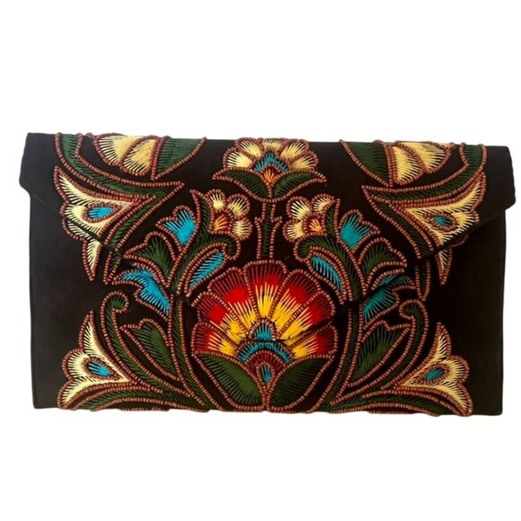 Embroidered Beaded Floral Clutch/Shoulder Bag By Ricki Designs Boho Detach Strap - Picture 2 of 7